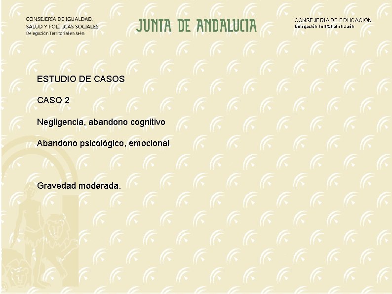 CONSEJERIA DE EDUCACIÓN Delegación Territorial en Jaén ESTUDIO DE CASOS CASO 2 Negligencia, abandono