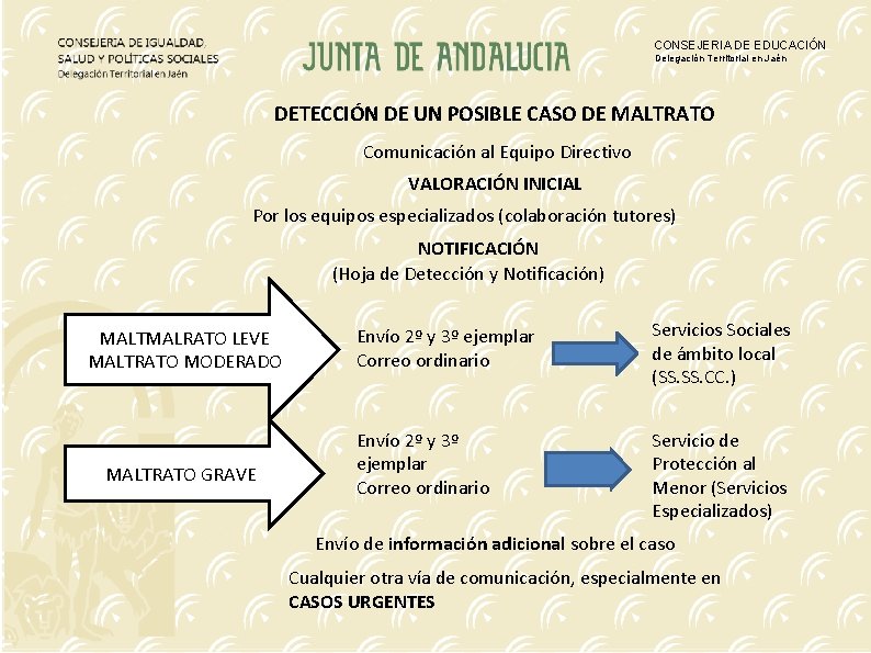 CONSEJERIA DE EDUCACIÓN Delegación Territorial en Jaén DETECCIÓN DE UN POSIBLE CASO DE MALTRATO