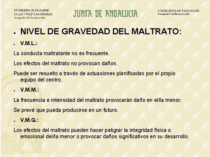 CONSEJERIA DE EDUCACIÓN Delegación Territorial en Jaén ● NIVEL DE GRAVEDAD DEL MALTRATO: ●