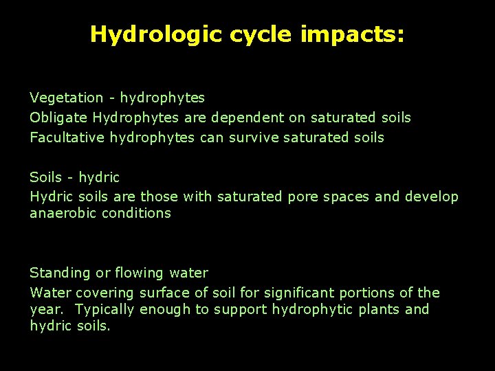 Hydrologic cycle impacts: Vegetation - hydrophytes Obligate Hydrophytes are dependent on saturated soils Facultative