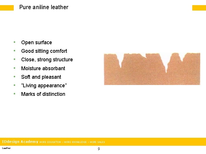 Pure aniline leather • • Open surface Good sitting comfort Close, strong structure Moisture
