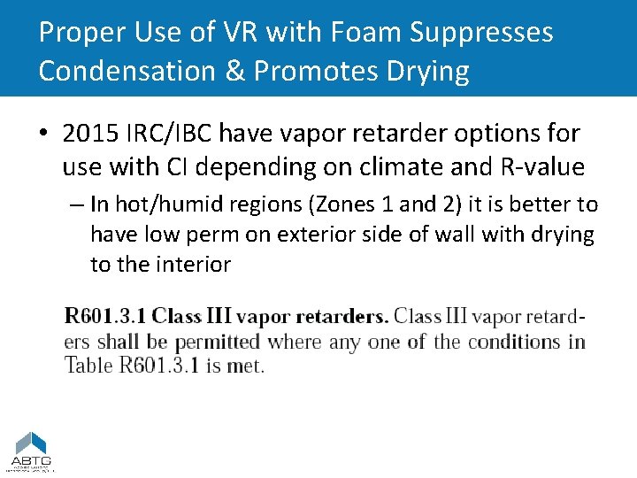 Proper Use of VR with Foam Suppresses Condensation & Promotes Drying • 2015 IRC/IBC