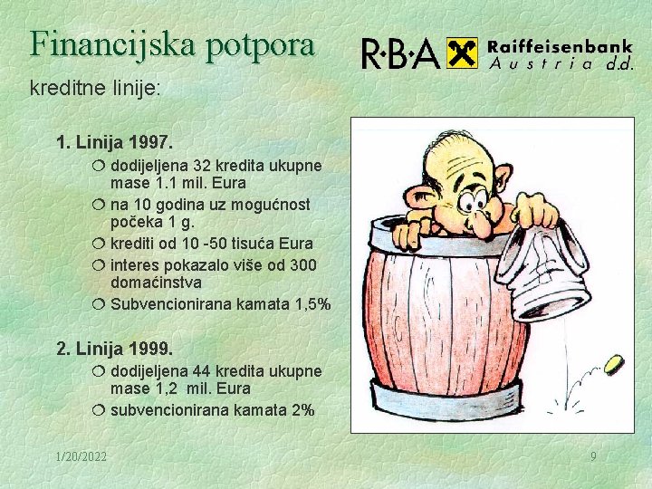 Financijska potpora kreditne linije: 1. Linija 1997. ¦ dodijeljena 32 kredita ukupne mase 1.