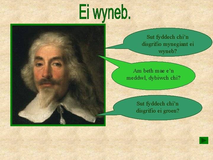 Sut fyddech chi’n disgrifio mynegiant ei wyneb? Am beth mae e’n meddwl, dybiwch chi?