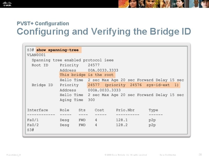 PVST+ Configuration Configuring and Verifying the Bridge ID Presentation_ID © 2008 Cisco Systems, Inc.