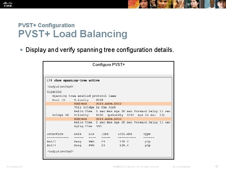 PVST+ Configuration PVST+ Load Balancing § Display and verify spanning tree configuration details. Presentation_ID