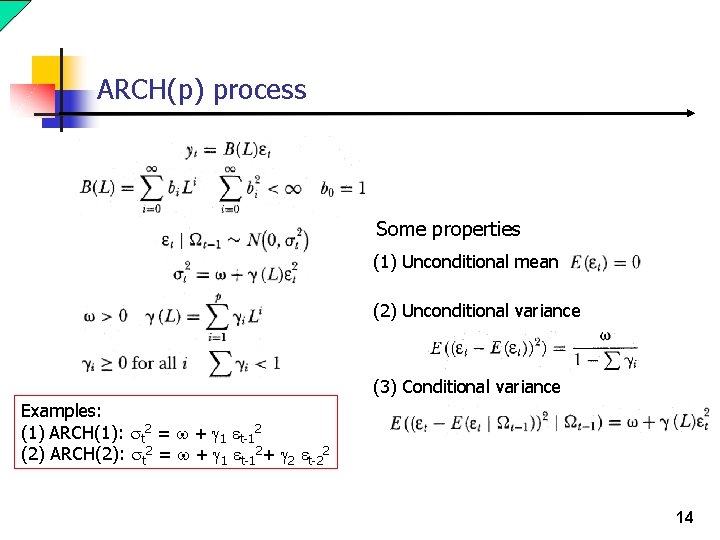 ARCH(p) process Some properties (1) Unconditional mean (2) Unconditional variance (3) Conditional variance Examples: