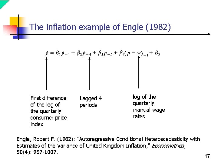 The inflation example of Engle (1982) First difference of the log of the quarterly