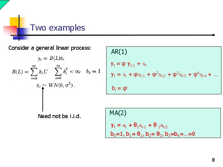 Two examples Consider a general linear process: AR(1) yt = φ yt-1 + et