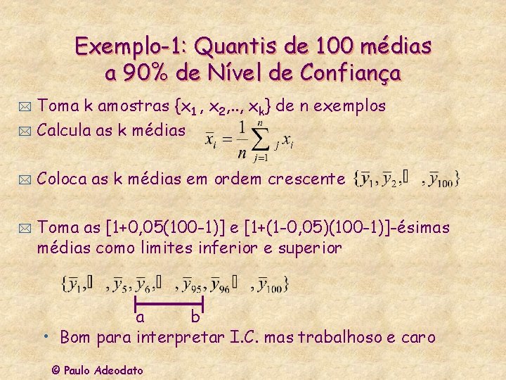 Exemplo-1: Quantis de 100 médias a 90% de Nível de Confiança Toma k amostras