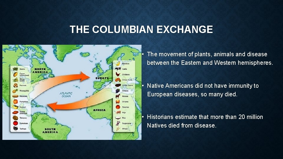 THE COLUMBIAN EXCHANGE • The movement of plants, animals and disease between the Eastern