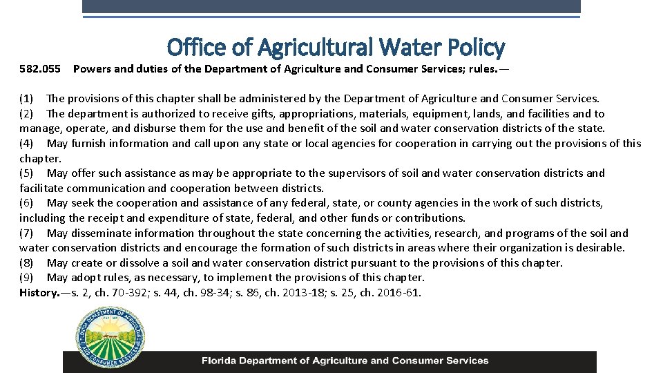 582. 055 Office of Agricultural Water Policy Powers and duties of the Department of