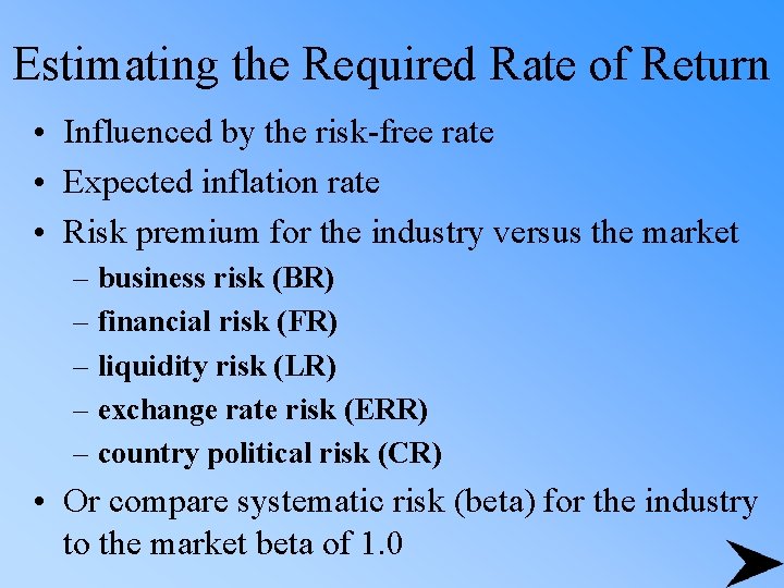 Estimating the Required Rate of Return • Influenced by the risk-free rate • Expected