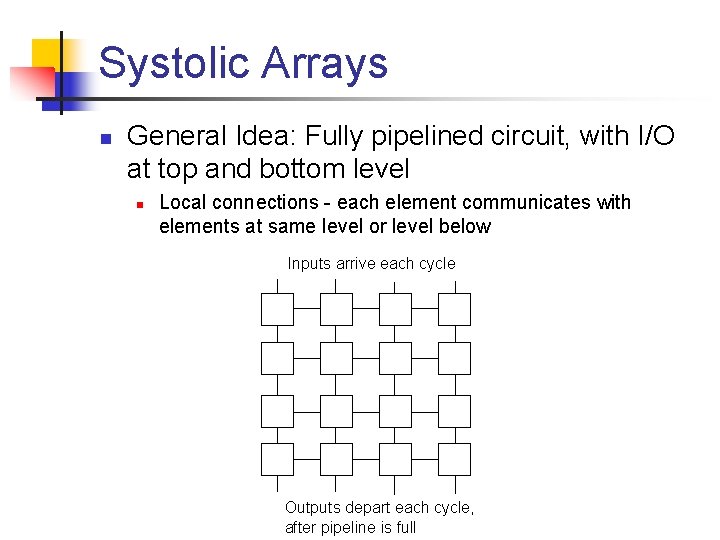Systolic Arrays n General Idea: Fully pipelined circuit, with I/O at top and bottom