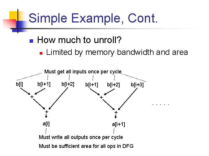 Simple Example, Cont. n How much to unroll? n Limited by memory bandwidth and