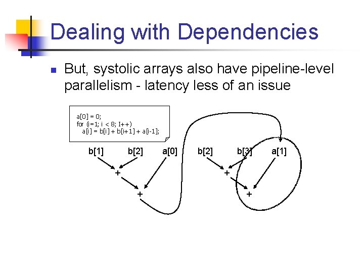 Dealing with Dependencies n But, systolic arrays also have pipeline-level parallelism - latency less