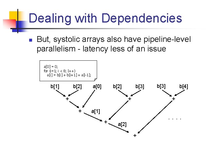 Dealing with Dependencies n But, systolic arrays also have pipeline-level parallelism - latency less