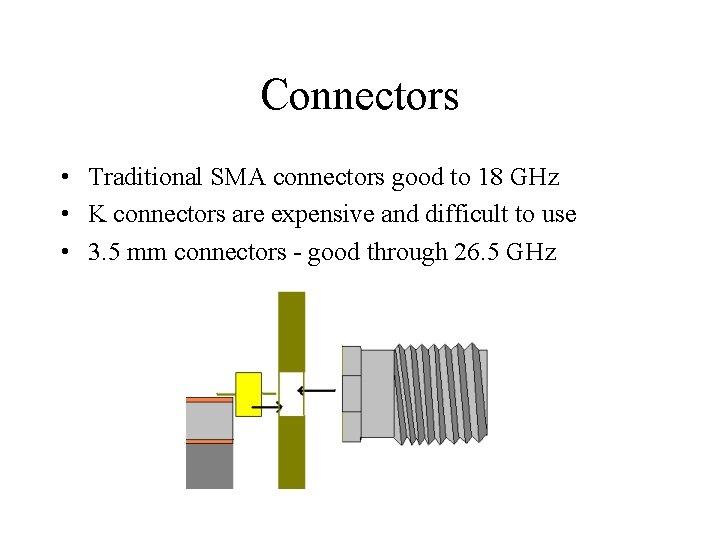 Connectors • Traditional SMA connectors good to 18 GHz • K connectors are expensive