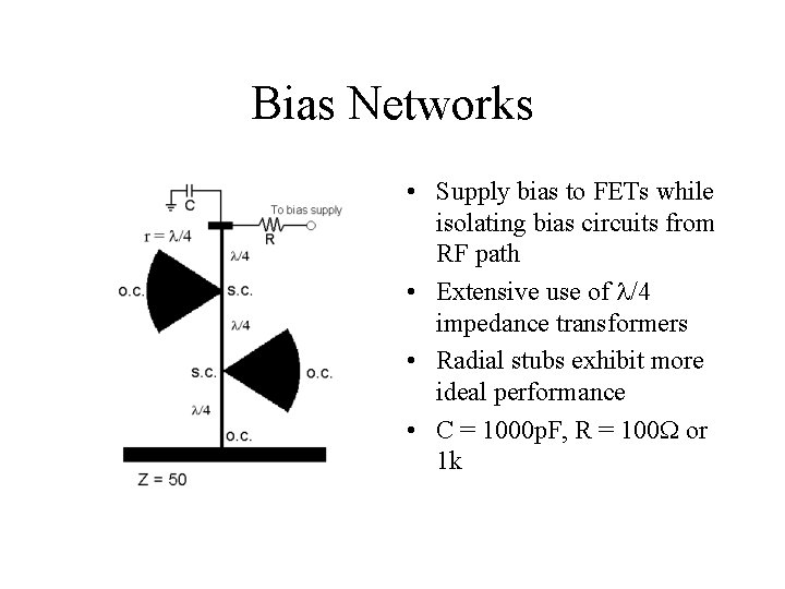 Bias Networks • Supply bias to FETs while isolating bias circuits from RF path