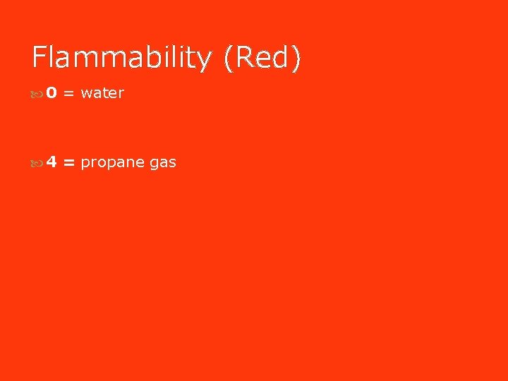 Flammability (Red) 0 = water 4 = propane gas Flammability (Red) 0 = water 4 = propane gas
