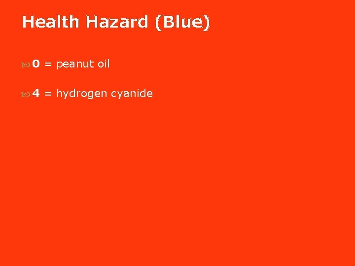 Health Hazard (Blue) 0 = peanut oil 4 = hydrogen cyanide Health Hazard (Blue) 0 = peanut oil 4 = hydrogen cyanide