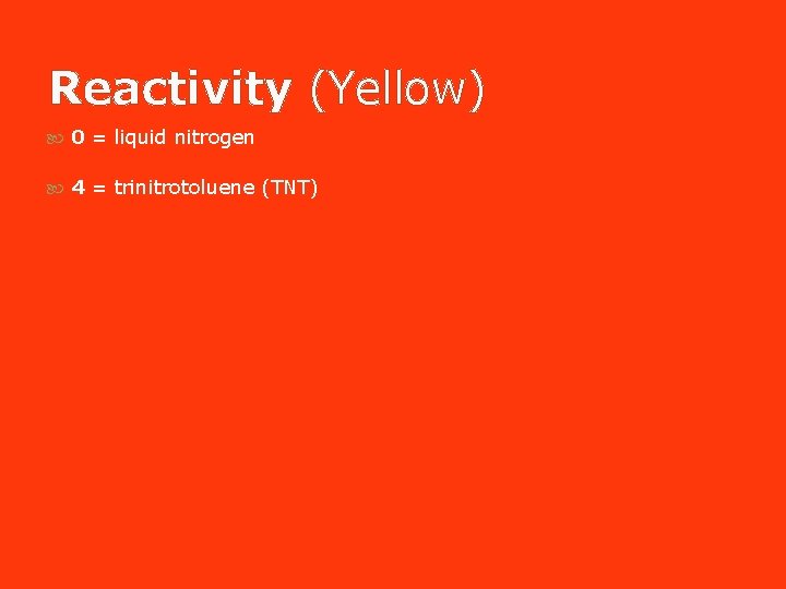 Reactivity (Yellow) 0 = liquid nitrogen 4 = trinitrotoluene (TNT) Reactivity (Yellow) 0 = liquid nitrogen 4 = trinitrotoluene (TNT)