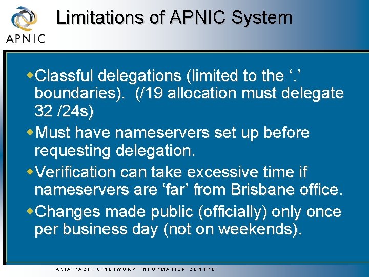 Limitations of APNIC System w. Classful delegations (limited to the ‘. ’ boundaries). (/19