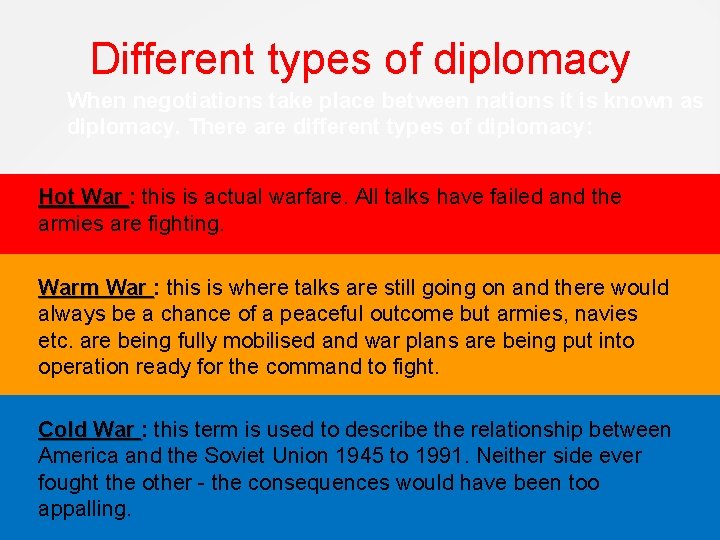 Different types of diplomacy When negotiations take place between nations it is known as