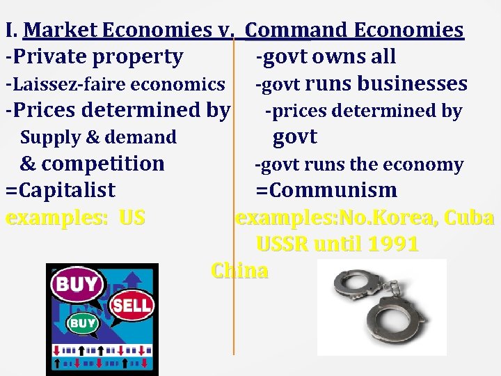 I. Market Economies v. Command Economies Comm -Private property -govt owns all -Laissez-faire economics