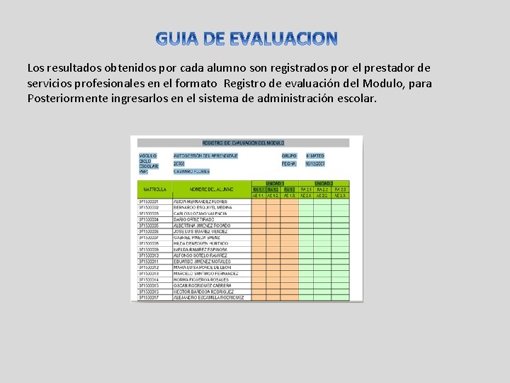 Los resultados obtenidos por cada alumno son registrados por el prestador de servicios profesionales