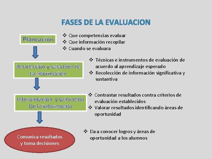 FASES DE LA EVALUACION Planeación v Que competencias evaluar v Que información recopilar v