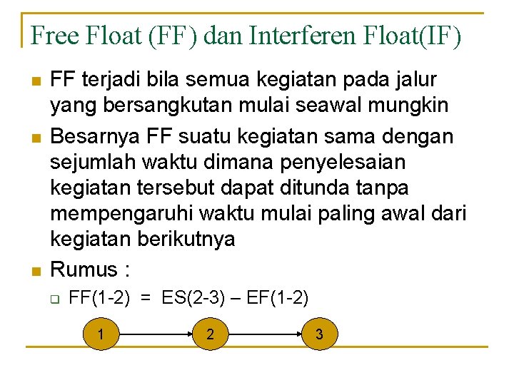 Free Float (FF) dan Interferen Float(IF) n n n FF terjadi bila semua kegiatan