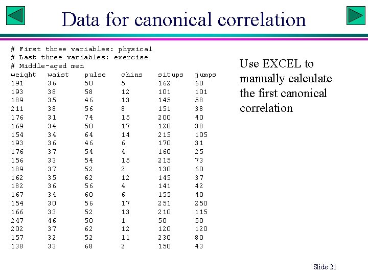 Data for canonical correlation # First three variables: physical # Last three variables: exercise