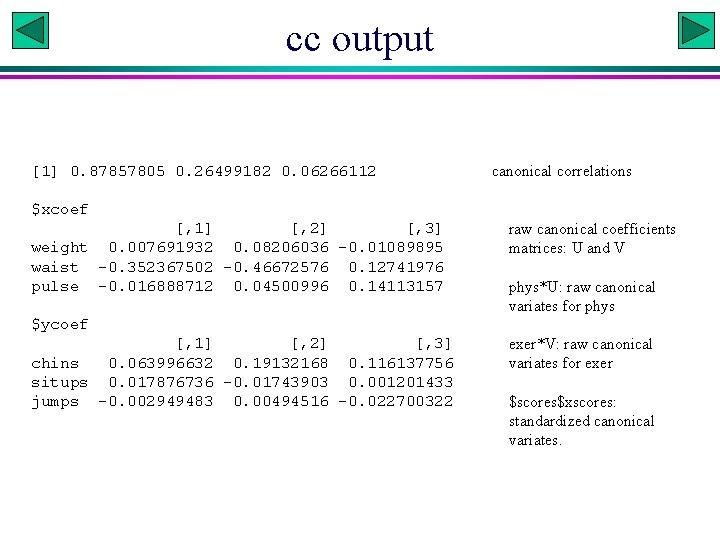 cc output [1] 0. 87857805 0. 26499182 0. 06266112 canonical correlations $xcoef [, 1]