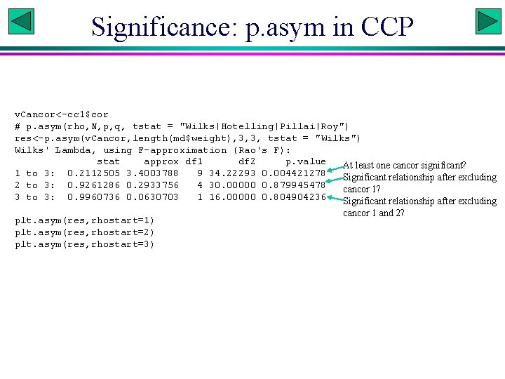 Significance: p. asym in CCP v. Cancor<-cc 1$cor # p. asym(rho, N, p, q,