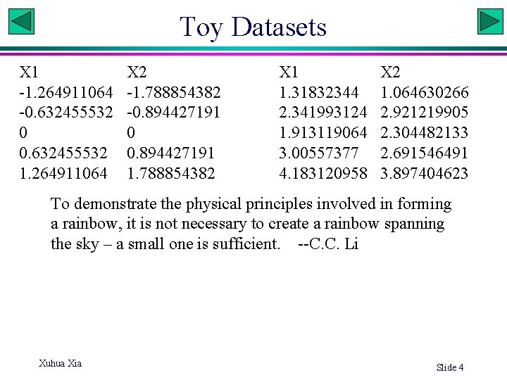 Toy Datasets X 1 -1. 264911064 -0. 632455532 0 0. 632455532 1. 264911064 X