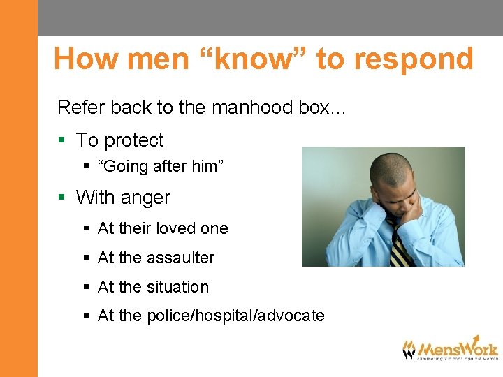 How men “know” to respond Refer back to the manhood box… § To protect