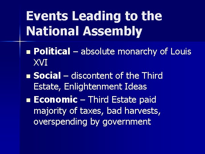 Events Leading to the National Assembly Political – absolute monarchy of Louis XVI n