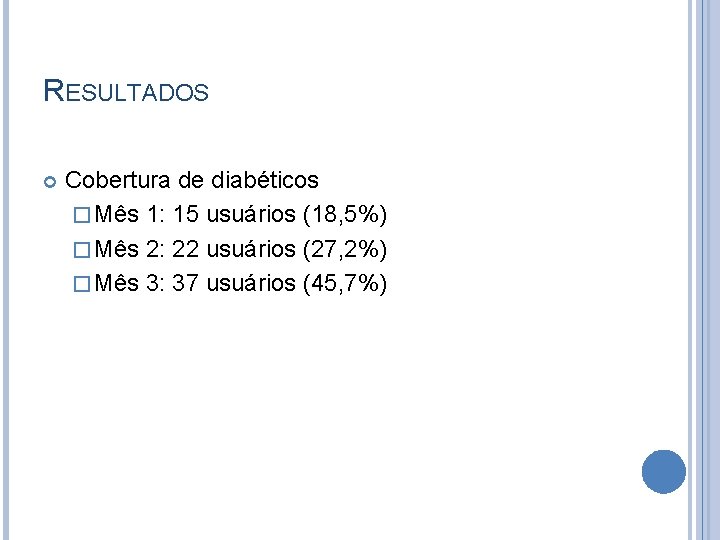 RESULTADOS Cobertura de diabéticos � Mês 1: 15 usuários (18, 5%) � Mês 2: