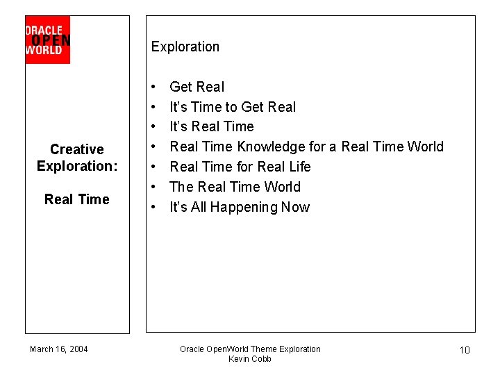 Exploration Creative Exploration: Real Time March 16, 2004 • • Get Real It’s Time
