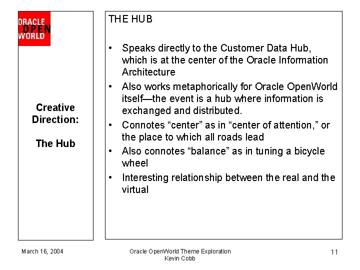THE HUB Creative Direction: The Hub March 16, 2004 • Speaks directly to the