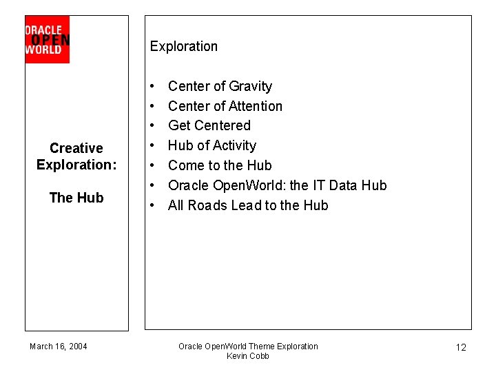Exploration Creative Exploration: The Hub March 16, 2004 • • Center of Gravity Center