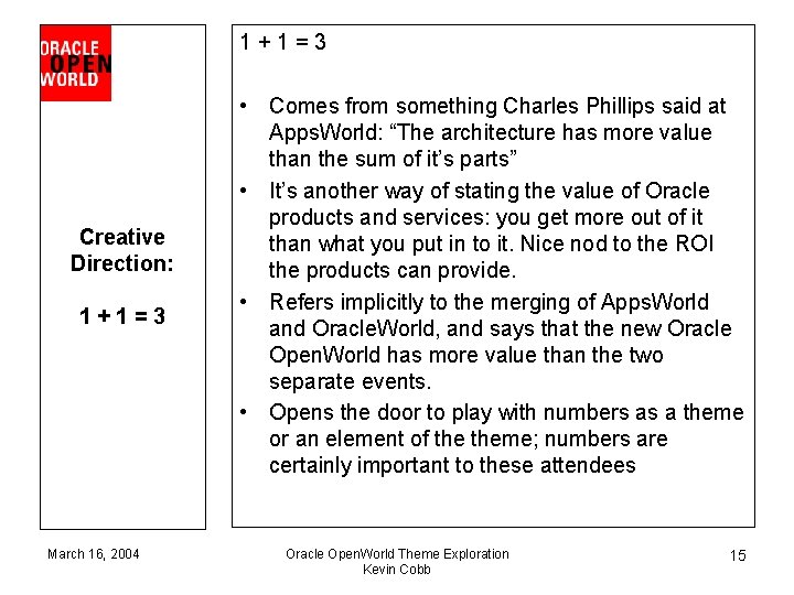 1+1=3 Creative Direction: 1+1=3 March 16, 2004 • Comes from something Charles Phillips said
