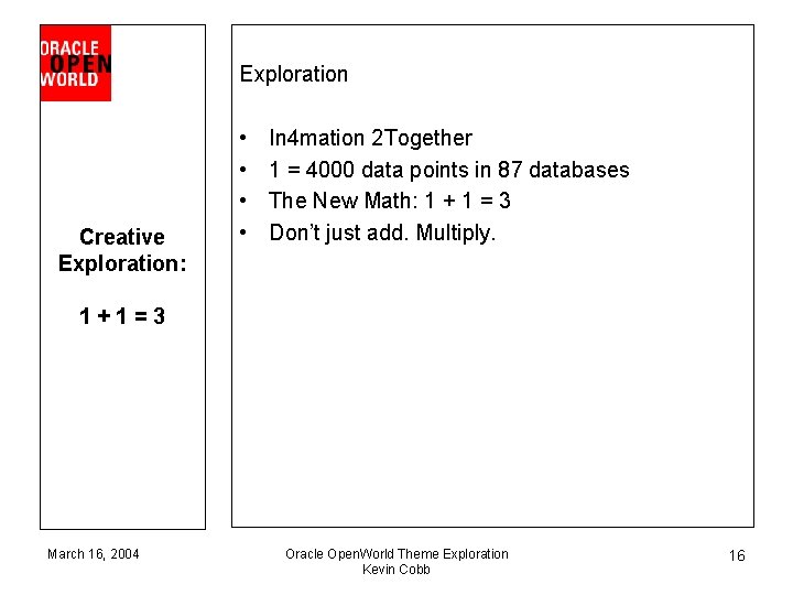 Exploration Creative Exploration: • • In 4 mation 2 Together 1 = 4000 data
