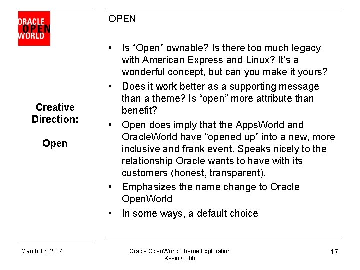 OPEN Creative Direction: Open March 16, 2004 • Is “Open” ownable? Is there too