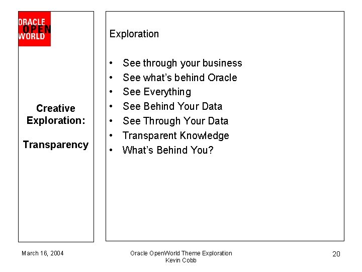 Exploration Creative Exploration: Transparency March 16, 2004 • • See through your business See