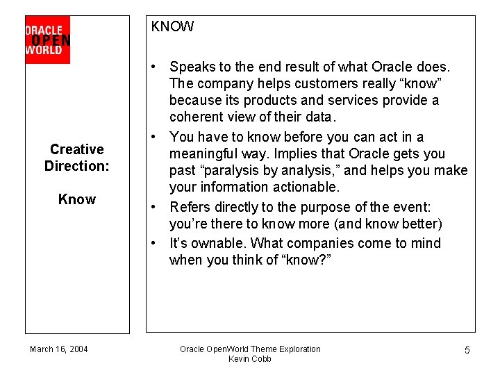KNOW Creative Direction: Know March 16, 2004 • Speaks to the end result of