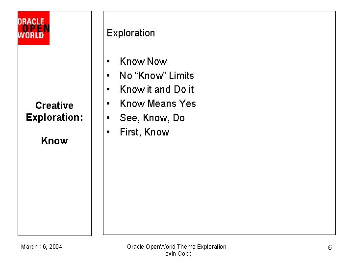 Exploration Creative Exploration: Know March 16, 2004 • • • Know No “Know” Limits