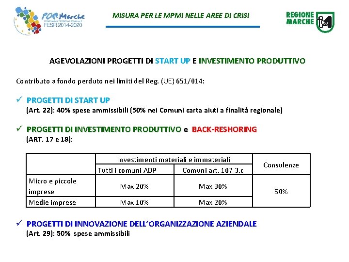 MISURA PER LE MPMI NELLE AREE DI CRISI AGEVOLAZIONI PROGETTI DI START UP E