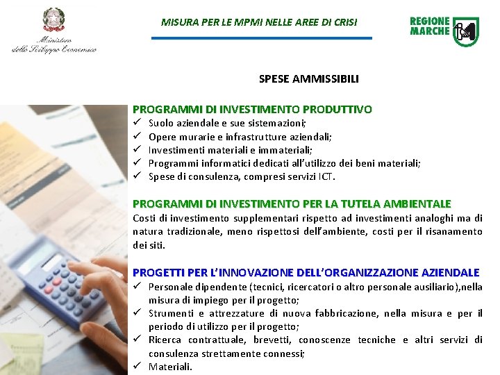 MISURA PER LE MPMI NELLE AREE DI CRISI SPESE AMMISSIBILI PROGRAMMI DI INVESTIMENTO PRODUTTIVO